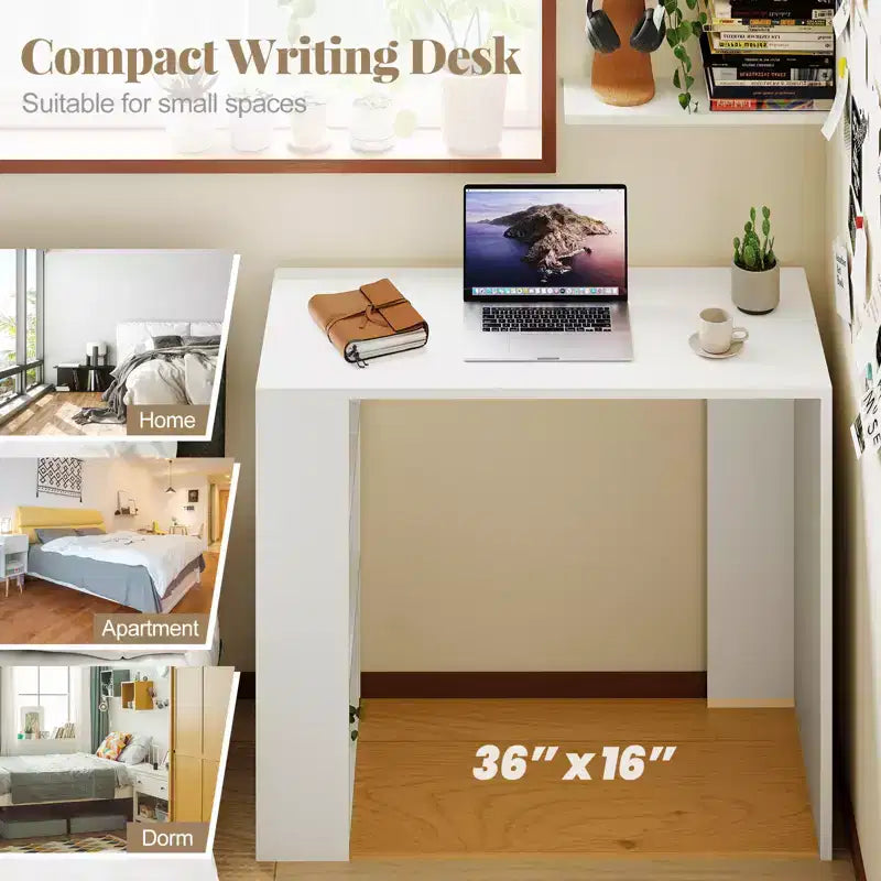 Escritorio compacto de 36" con 3 estantes abiertos y kit antivuelco, blanco, para oficina en casa o dormitorio