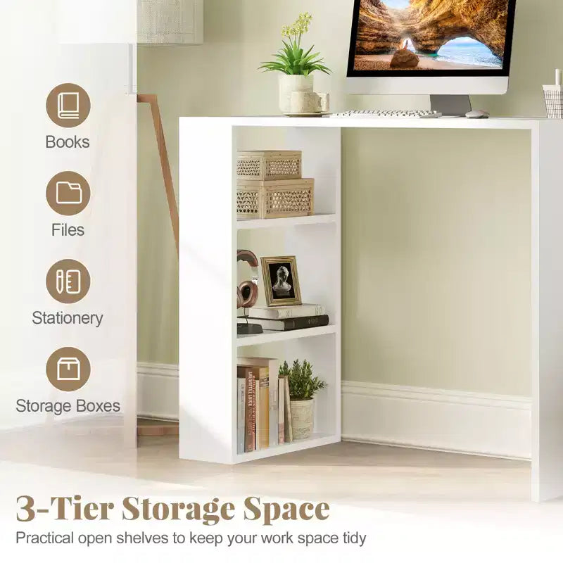 Escritorio compacto de 36" con 3 estantes abiertos y kit antivuelco, blanco, para oficina en casa o dormitorio