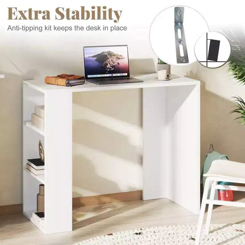 Escritorio compacto de 36" con 3 estantes abiertos y kit antivuelco, blanco, para oficina en casa o dormitorio