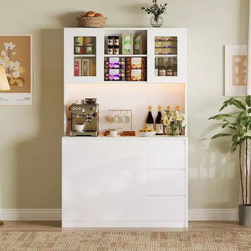 71inTall Kitchen Pantry Cabinet, Kitchen Storage Hutch with Led Lights Power Outlets, Microwave Stand, Glass Door, Adjustable Shelves, Handless Design