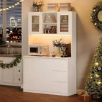 Armario de despensa de cocina de 180 cm de altura, alacena de almacenamiento de cocina con luces LED y tomas de corriente, soporte para microondas, puerta de cristal, estantes ajustables, diseño sin tiradores
