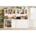 Armario de despensa de cocina de 180 cm de altura, alacena de almacenamiento de cocina con luces LED y tomas de corriente, soporte para microondas, puerta de cristal, estantes ajustables, diseño sin tiradores