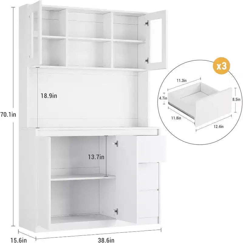 Armario de despensa de cocina de 180 cm de altura, alacena de almacenamiento de cocina con luces LED y tomas de corriente, soporte para microondas, puerta de cristal, estantes ajustables, diseño sin tiradores