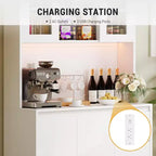 Armario de despensa de cocina de 180 cm de altura, alacena de almacenamiento de cocina con luces LED y tomas de corriente, soporte para microondas, puerta de cristal, estantes ajustables, diseño sin tiradores
