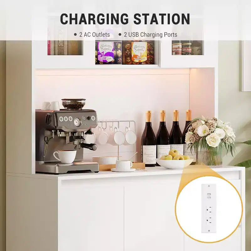 Armario de despensa de cocina de 180 cm de altura, alacena de almacenamiento de cocina con luces LED y tomas de corriente, soporte para microondas, puerta de cristal, estantes ajustables, diseño sin tiradores