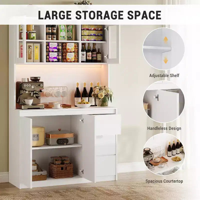 Armario de despensa de cocina de 180 cm de altura, alacena de almacenamiento de cocina con luces LED y tomas de corriente, soporte para microondas, puerta de cristal, estantes ajustables, diseño sin tiradores
