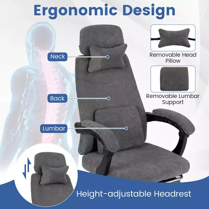 Sillón reclinable para oficina con reposapiés retráctil, ergonómico y respaldo alto