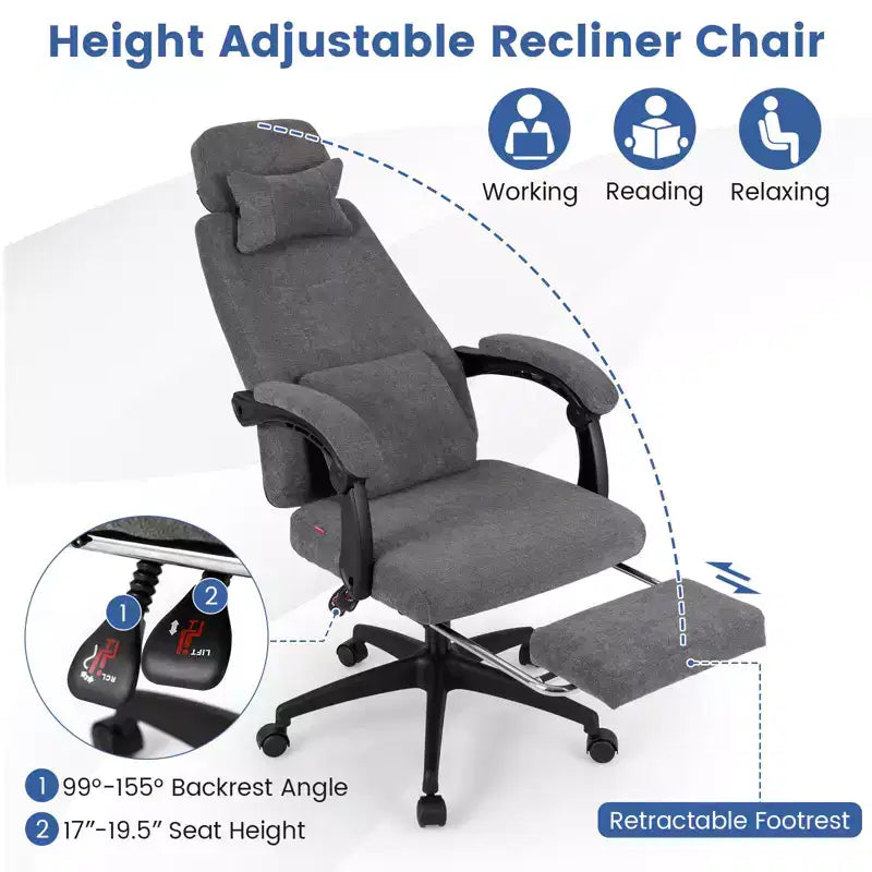 Sillón reclinable para oficina con reposapiés retráctil, ergonómico y respaldo alto