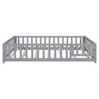 Cama de Plataforma de Piso de Tamaño Completo de Contrachapado con Valla y Puerta para Niños, Marco de Cama Montessori Gris