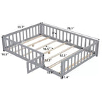 Cama de Plataforma de Piso de Tamaño Completo de Contrachapado con Valla y Puerta para Niños, Marco de Cama Montessori Gris