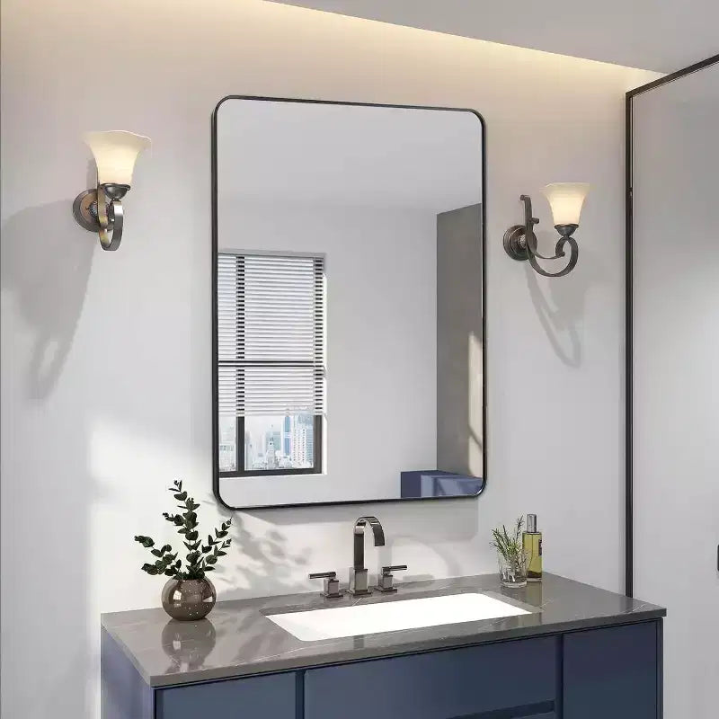 Espejo de baño rectangular de 24x36'', espejo de pared decorativo con película inastillable y marco de aluminio cepillado para baño, sala de estar