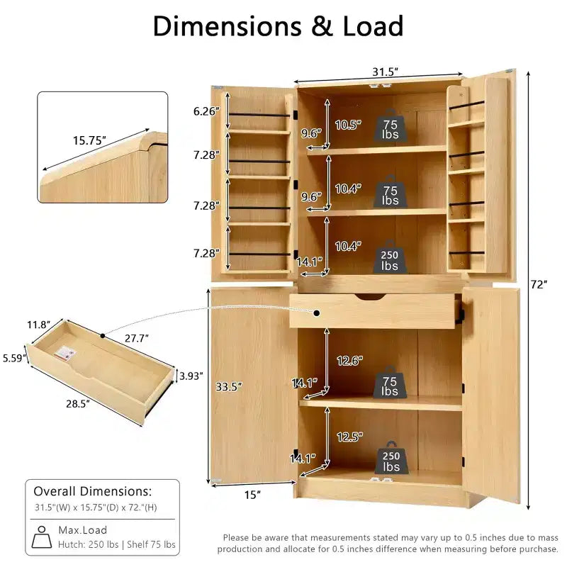 Mueble de almacenamiento de cocina de 72 pulgadas con puerta, estantes y estantes ajustables