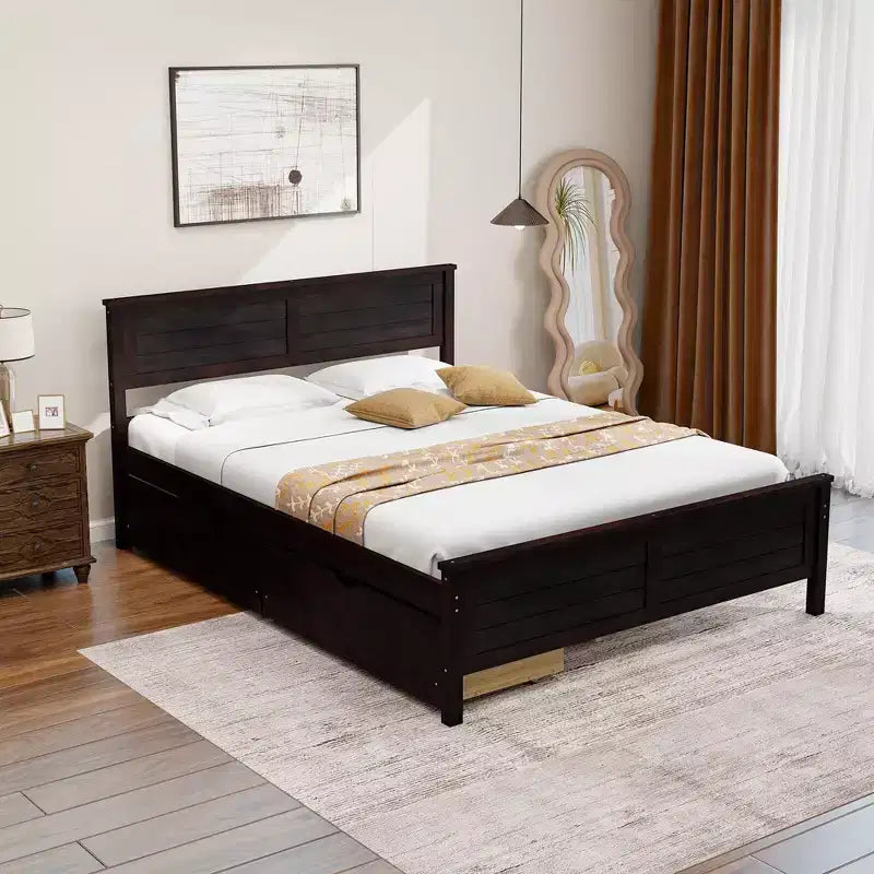 Base de cama de plataforma de madera de tamaño completo con 2 cajones de almacenamiento, cabecero de madera maciza, Espresso