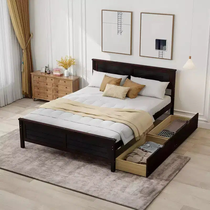 Base de cama de plataforma de madera de tamaño completo con 2 cajones de almacenamiento, cabecero de madera maciza, Espresso