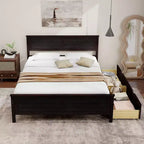 Base de cama de plataforma de madera de tamaño completo con 2 cajones de almacenamiento, cabecero de madera maciza, Espresso