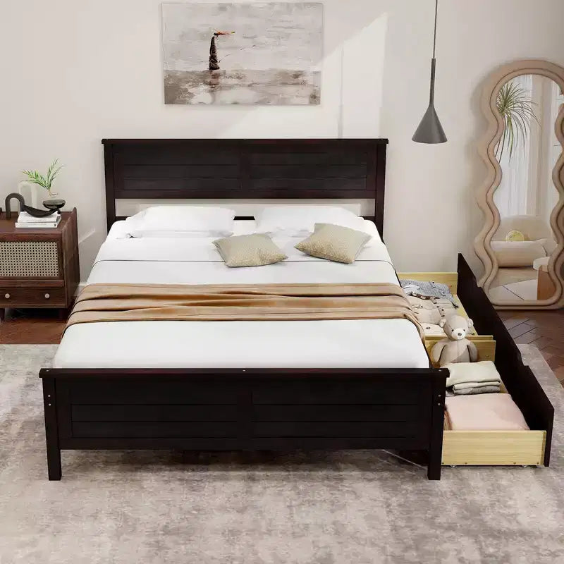 Base de cama de plataforma de madera de tamaño completo con 2 cajones de almacenamiento, cabecero de madera maciza, Espresso