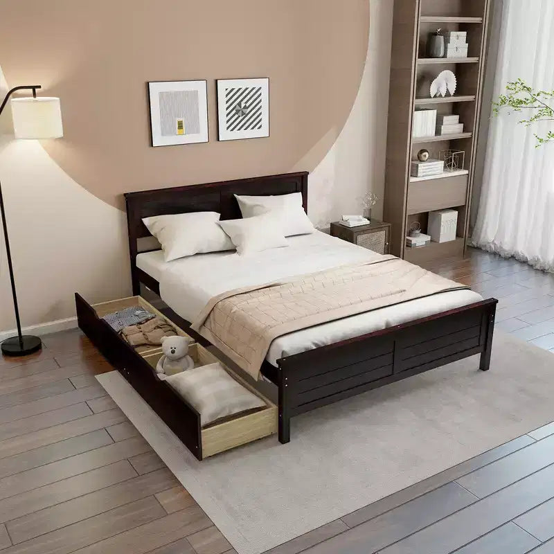 Base de cama de plataforma de madera de tamaño completo con 2 cajones de almacenamiento, cabecero de madera maciza, Espresso
