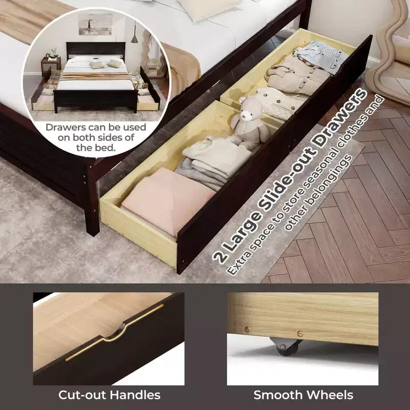 Base de cama de plataforma de madera de tamaño completo con 2 cajones de almacenamiento, cabecero de madera maciza, Espresso