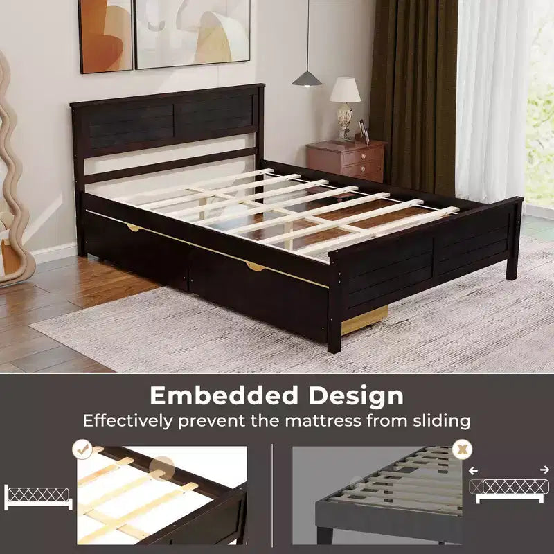 Base de cama de plataforma de madera de tamaño completo con 2 cajones de almacenamiento, cabecero de madera maciza, Espresso