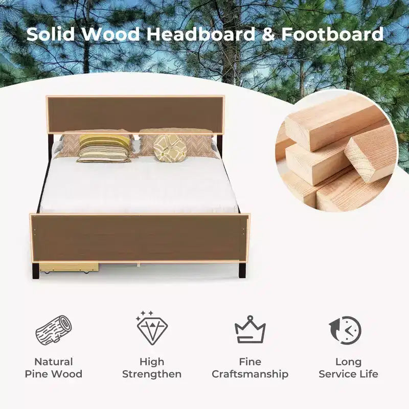 Base de cama de plataforma de madera de tamaño completo con 2 cajones de almacenamiento, cabecero de madera maciza, Espresso