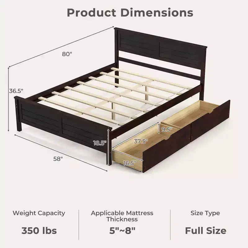 Base de cama de plataforma de madera de tamaño completo con 2 cajones de almacenamiento, cabecero de madera maciza, Espresso