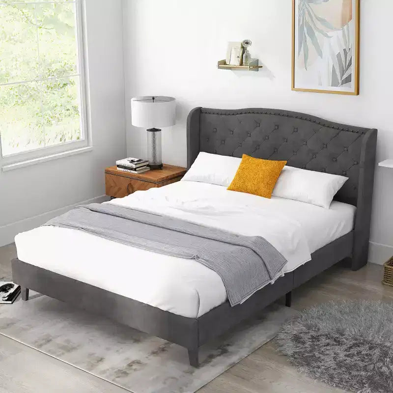 Estructura de cama Queen tapizada con cabecero capitoné, sin ruidos, capacidad de 450 kg