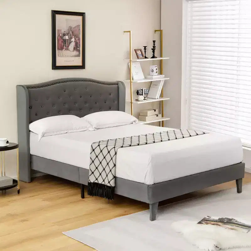 Estructura de cama Queen tapizada con cabecero capitoné, sin ruidos, capacidad de 450 kg