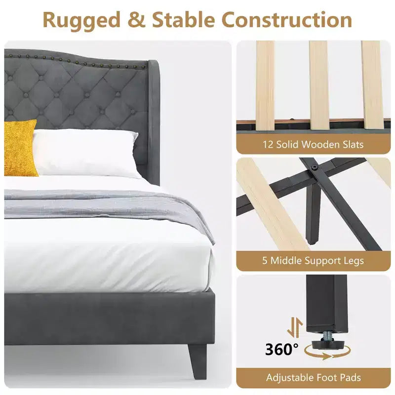 Estructura de cama Queen tapizada con cabecero capitoné, sin ruidos, capacidad de 450 kg