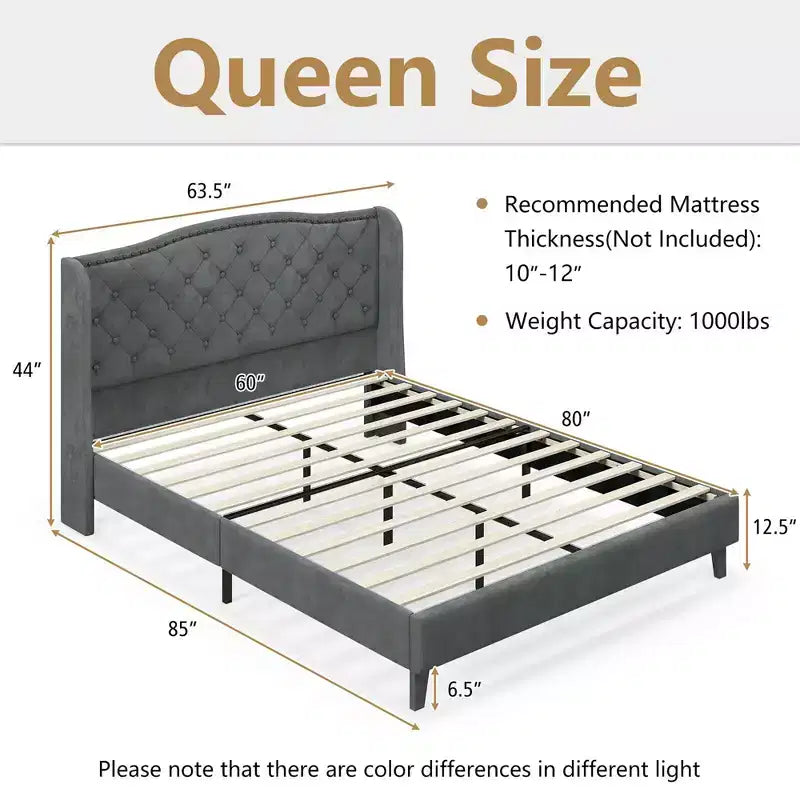 Estructura de cama Queen tapizada con cabecero capitoné, sin ruidos, capacidad de 450 kg