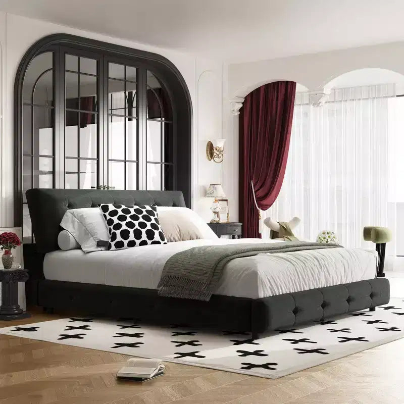 Cama Plataforma King Size de Chenilla, Estructura de Madera, Cabecero Tapizado con Almohada de Nube Ultra Suave Extra Grande
