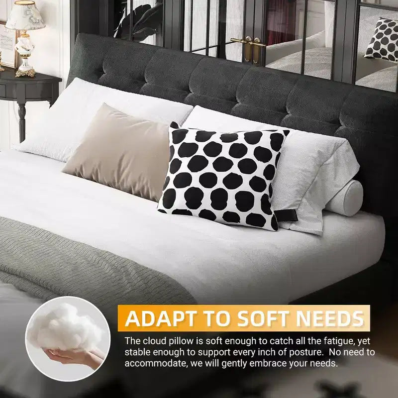 Cama Plataforma King Size de Chenilla, Estructura de Madera, Cabecero Tapizado con Almohada de Nube Ultra Suave Extra Grande