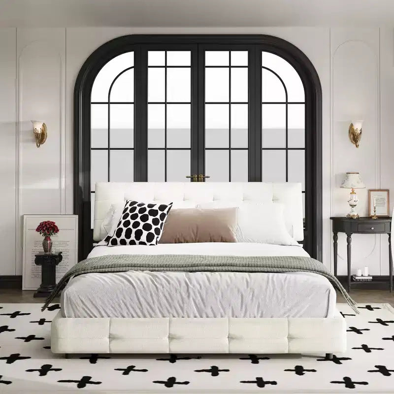 Cama Plataforma King Size de Chenilla, Estructura de Madera, Cabecero Tapizado con Almohada de Nube Ultra Suave Extra Grande