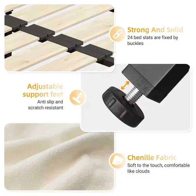 Cama Plataforma King Size de Chenilla, Estructura de Madera, Cabecero Tapizado con Almohada de Nube Ultra Suave Extra Grande
