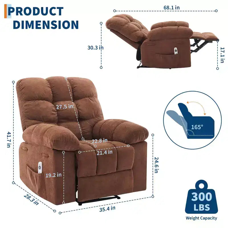 Sillón reclinable extra ancho y extragrande con masaje y calor - Sillón reclinable manual de felpa para sala de estar, comodidad estilo "Lazy Boy" con reclinación de 150 grados
