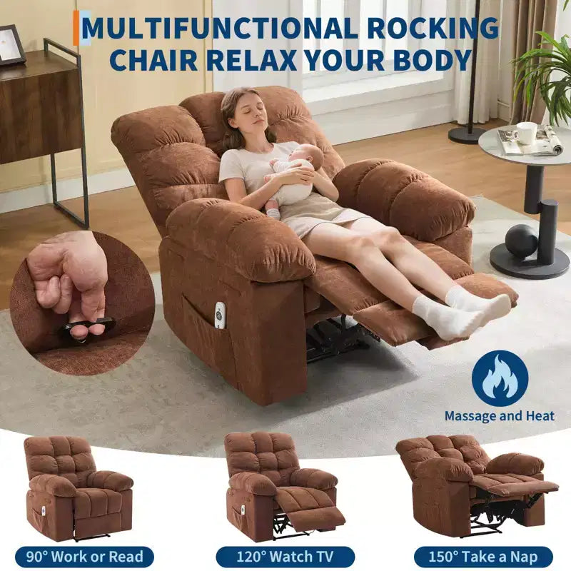 Sillón reclinable extra ancho y extragrande con masaje y calor - Sillón reclinable manual de felpa para sala de estar, comodidad estilo "Lazy Boy" con reclinación de 150 grados