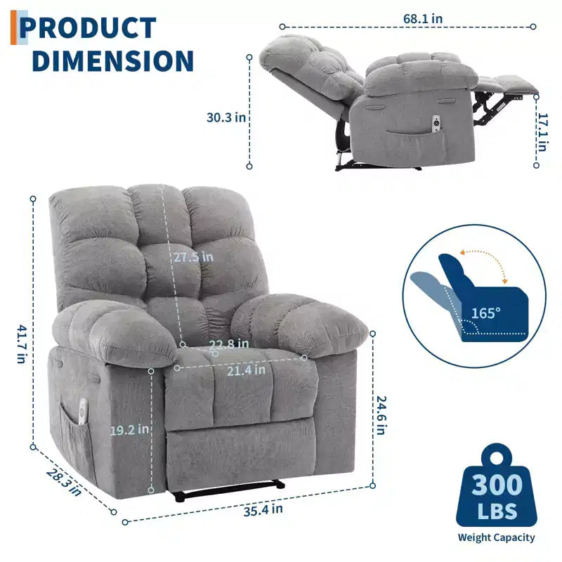 Sillón reclinable extra ancho y extragrande con masaje y calor - Sillón reclinable manual de felpa para sala de estar, comodidad estilo "Lazy Boy" con reclinación de 150 grados