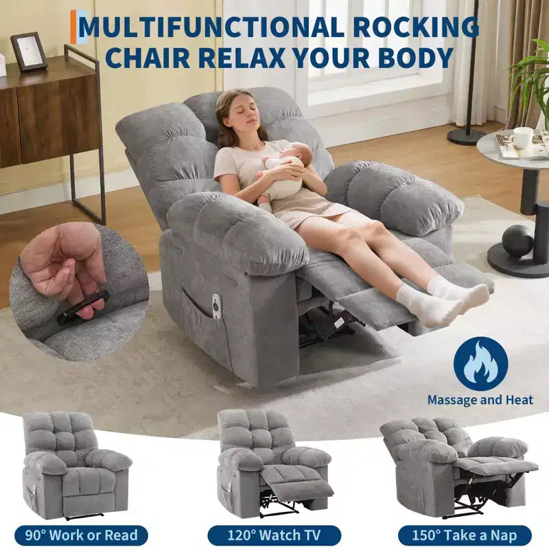 Sillón reclinable extra ancho y extragrande con masaje y calor - Sillón reclinable manual de felpa para sala de estar, comodidad estilo "Lazy Boy" con reclinación de 150 grados