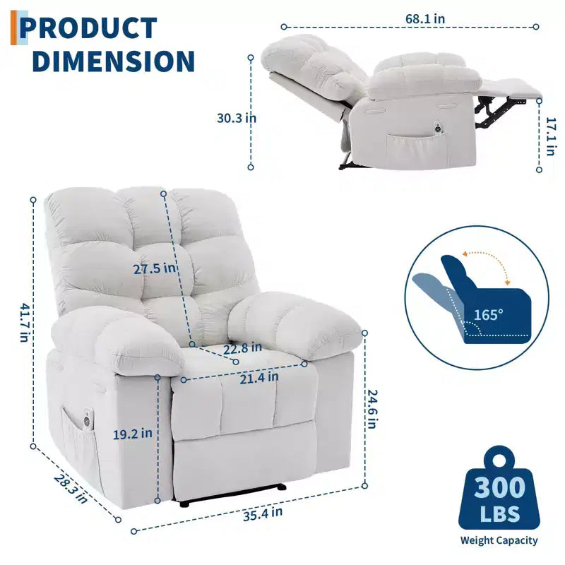 Sillón reclinable extra ancho y extragrande con masaje y calor - Sillón reclinable manual de felpa para sala de estar, comodidad estilo "Lazy Boy" con reclinación de 150 grados