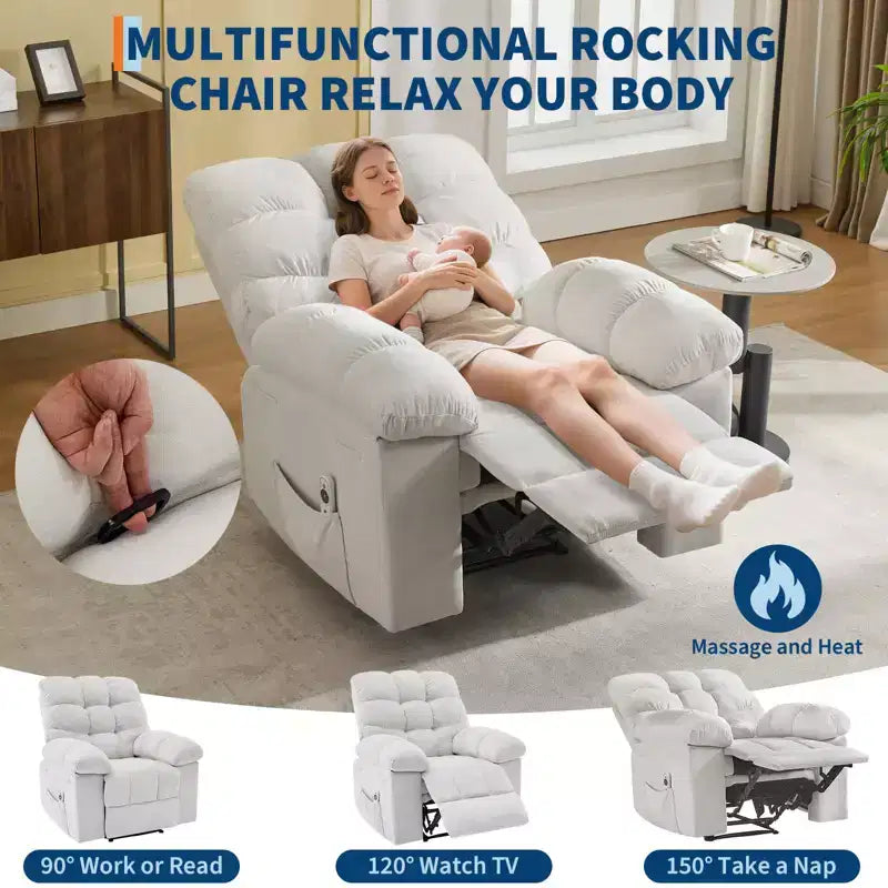 Sillón reclinable extra ancho y extragrande con masaje y calor - Sillón reclinable manual de felpa para sala de estar, comodidad estilo "Lazy Boy" con reclinación de 150 grados