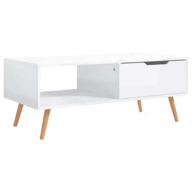 Mesa de centro rectangular con cajón y estante abierto, madera de ingeniería, blanca, 39.4"L x 19.5"W