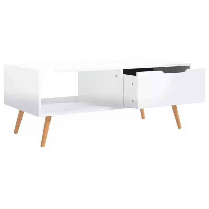 Mesa de centro rectangular con cajón y estante abierto, madera de ingeniería, blanca, 39.4"L x 19.5"W