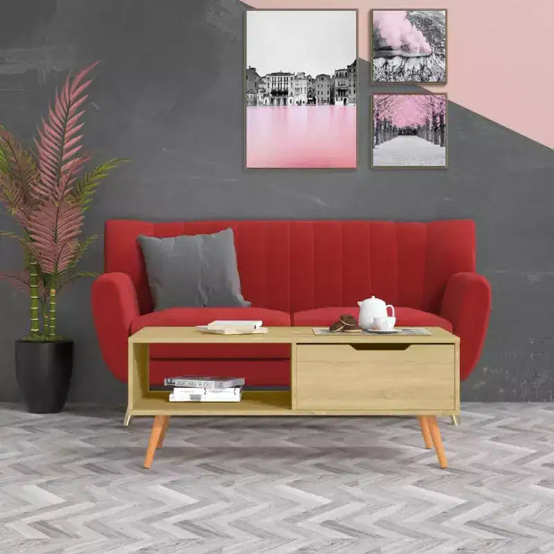 Mesa de centro rectangular con cajón y estante abierto, madera de ingeniería, blanca, 39.4"L x 19.5"W