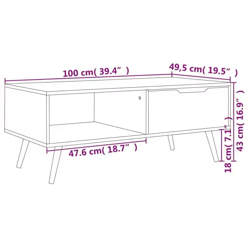 Mesa de centro rectangular con cajón y estante abierto, madera de ingeniería, blanca, 39.4"L x 19.5"W