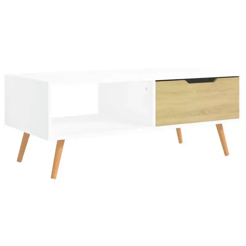 Mesa de centro rectangular con cajón y estante abierto, madera de ingeniería, blanca, 39.4"L x 19.5"W