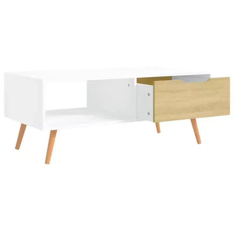 Mesa de centro rectangular con cajón y estante abierto, madera de ingeniería, blanca, 39.4"L x 19.5"W