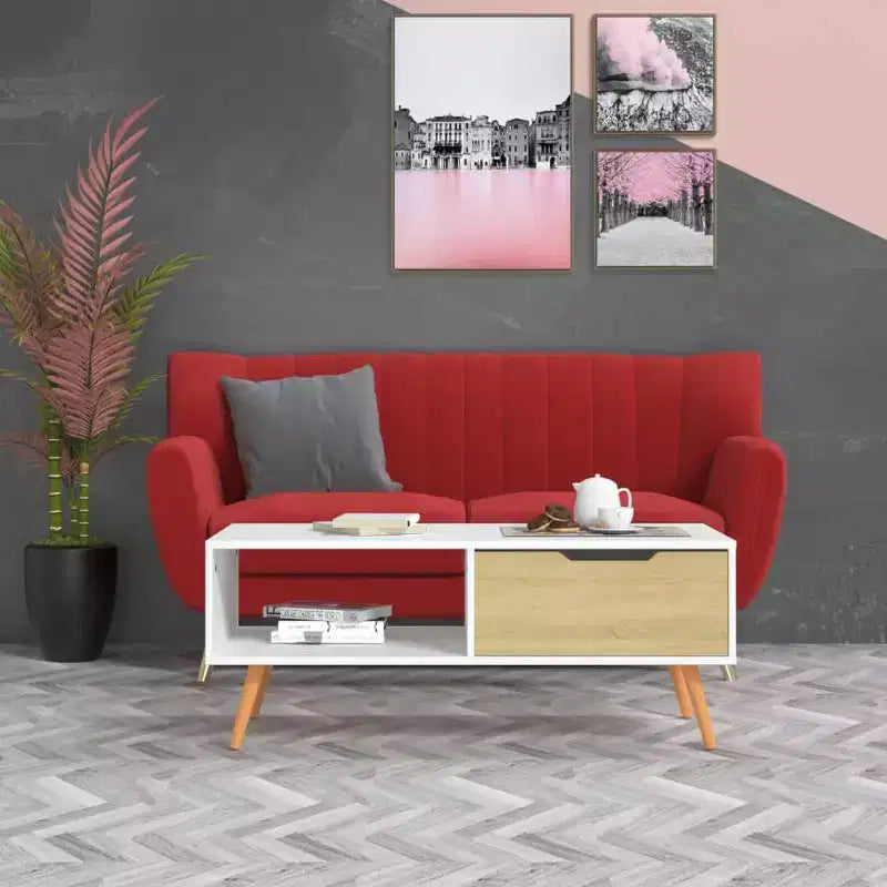 Mesa de centro rectangular con cajón y estante abierto, madera de ingeniería, blanca, 39.4"L x 19.5"W