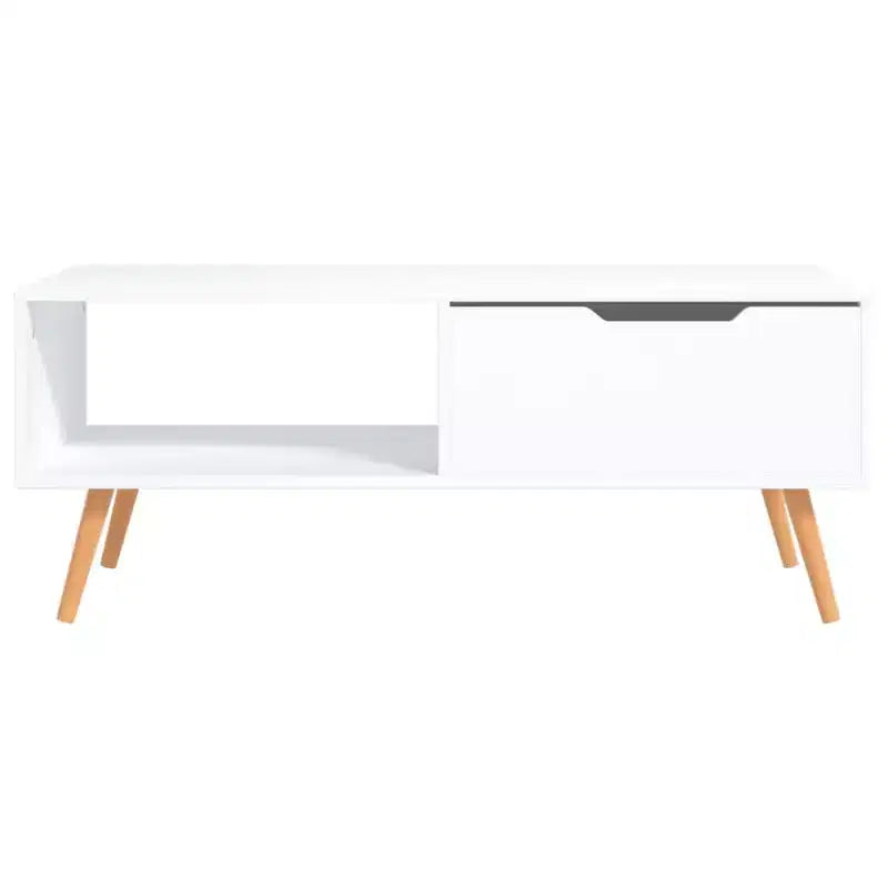 Mesa de centro rectangular con cajón y estante abierto, madera de ingeniería, blanca, 39.4"L x 19.5"W