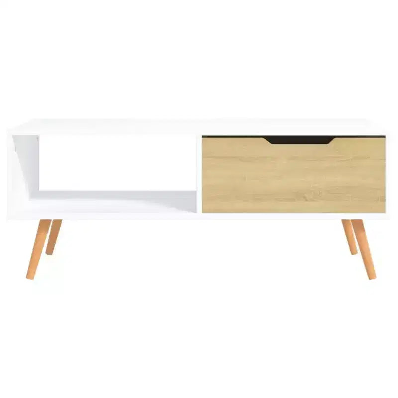 Mesa de centro rectangular con cajón y estante abierto, madera de ingeniería, blanca, 39.4"L x 19.5"W