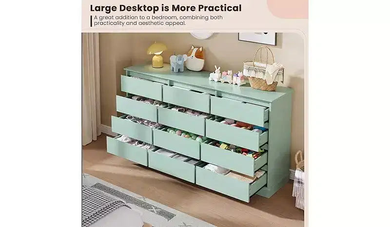 Cómoda doble de 12 cajones con encimera ancha, MDF, 63" ancho x 32.7" alto, dormitorio o sala de estar