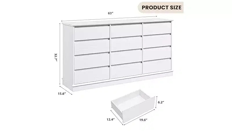 Cómoda doble de 12 cajones con encimera ancha, MDF, 63" ancho x 32.7" alto, dormitorio o sala de estar